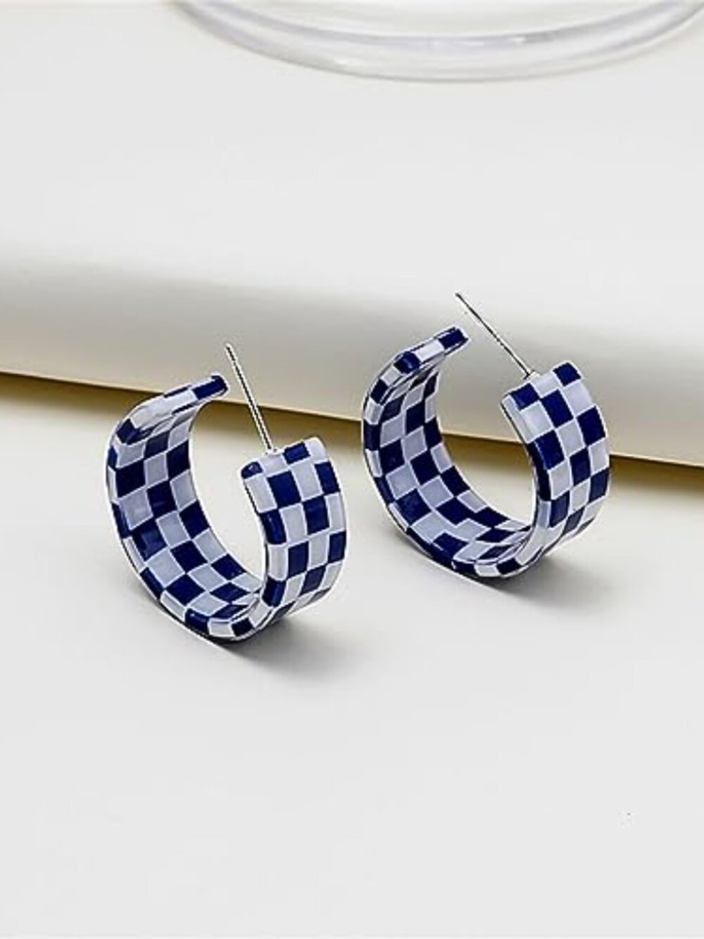 Checkerboard Hoop Ears for Women Sterling Silver Post Hypoallergenic Retro